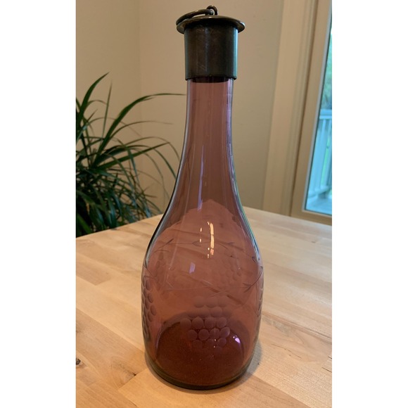 1970s Etched Wine Decanter and Glasses Aubergine (eggplant) Color - Picture 6 of 7